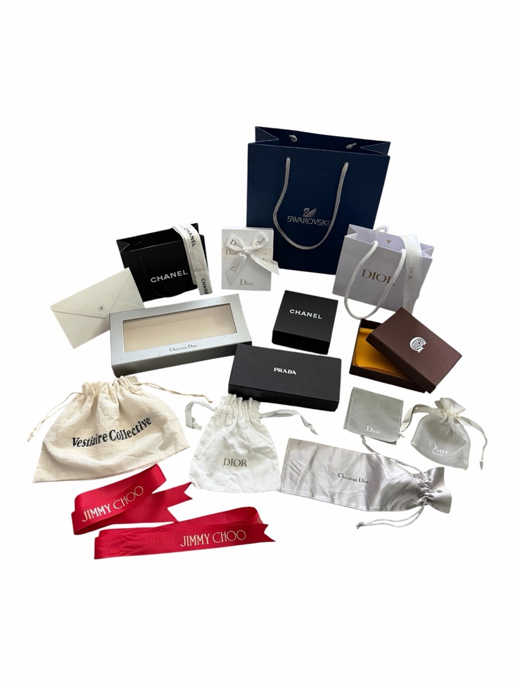 Bundle of Luxury Gift Bags Boxes Ribbon Chanel Dior Prada Swarovski Goyard